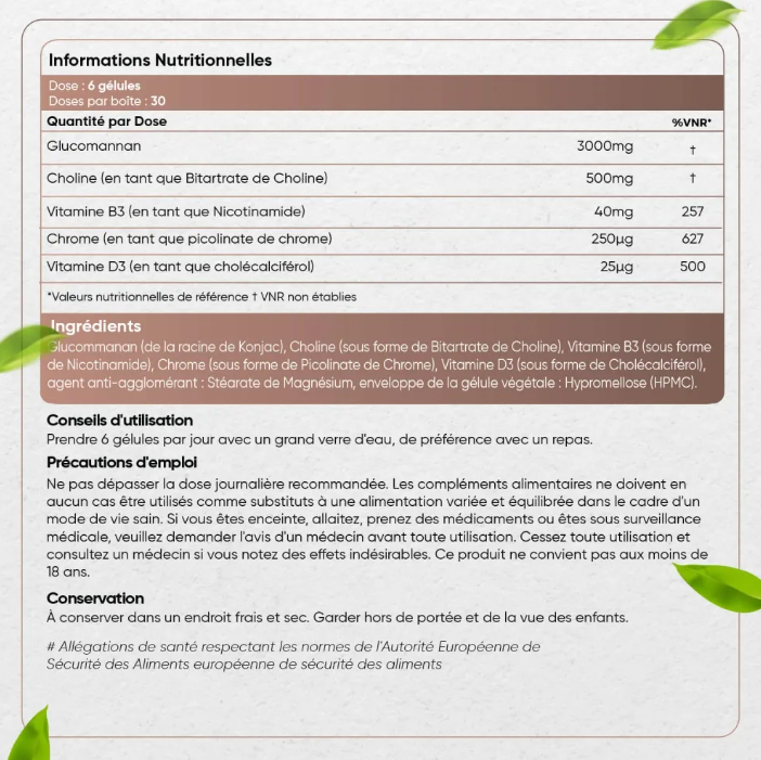 Informations nutritionnelles et précautions d'emploi du Glucomannan